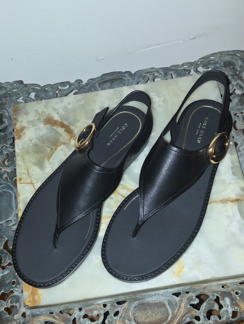 Cole Haan- US 9.5/UK40 Black Leather Slingback Thong Sandals with Gold Accent